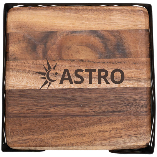 Acacia Wood Square Coaster Set with Black Metal Stand