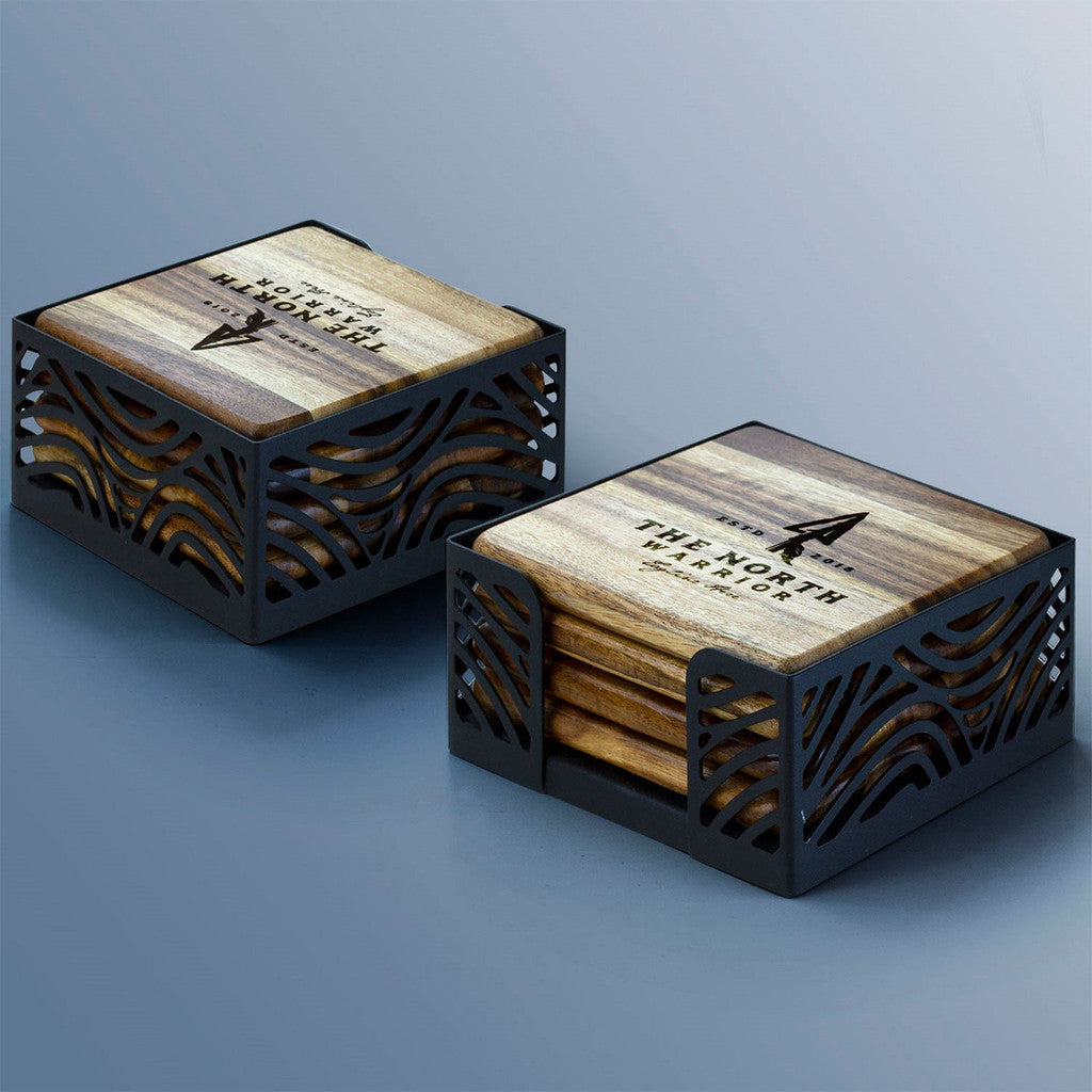 Acacia Wood Square Coaster Set with Black Metal Stand