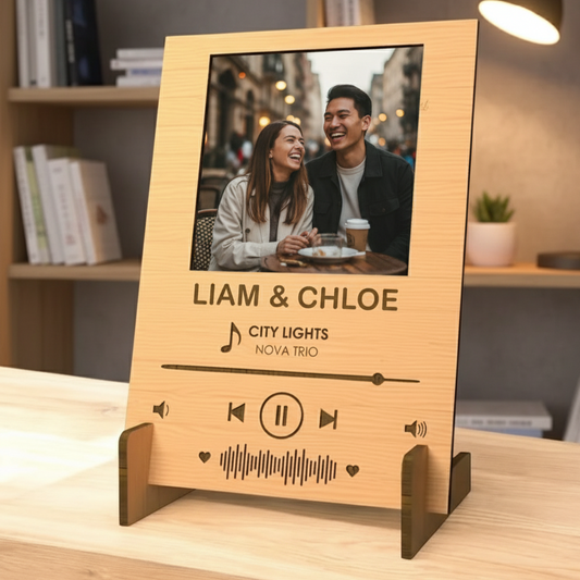 Custom Spotify Plaque with Photo & Scannable Code | Personalized Music Frame | Anniversary Gift for Couple, Valentine's Day, Him, Her | Wooden Stand